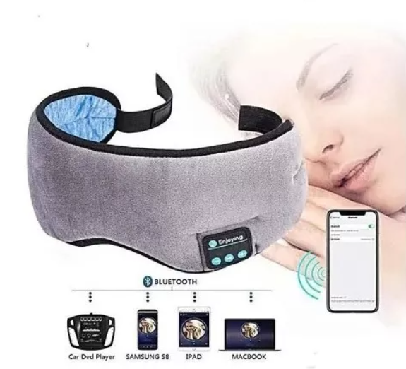 "Diagrama de conectividad de la Máscara para Dormir Bluetooth MonteNova. Muestra el antifaz gris con iconos que indican su compatibilidad con teléfonos inteligentes, tabletas, laptops y reproductores de música. Ideal para escuchar audiolibros o ruido blanco para dormir. Compra en línea en Guadalajara."
