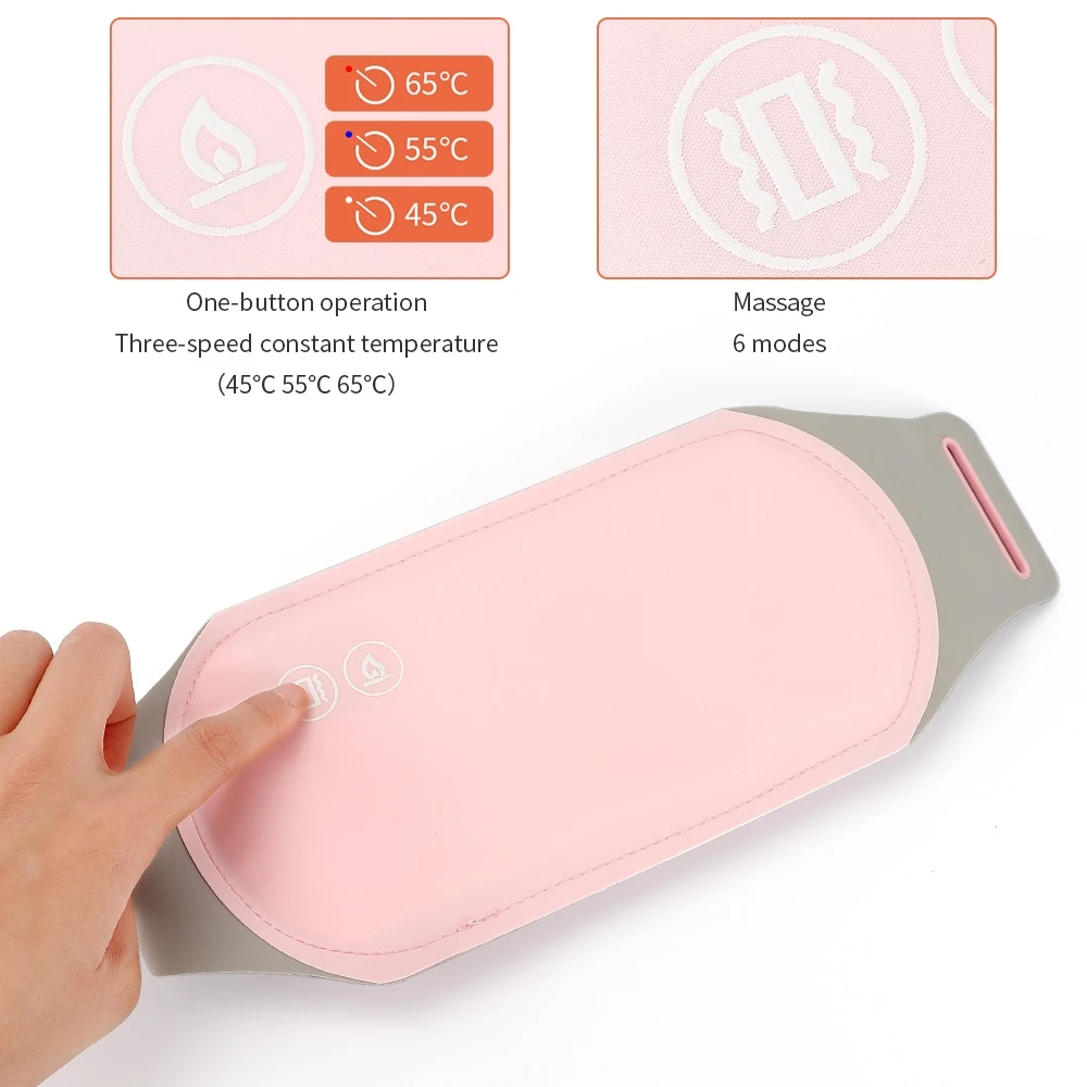 "Detalle del panel de control táctil del cinturón MonteNova. La imagen especifica el sistema de operación de un solo botón y los tres niveles de temperatura constante: 45°C, 55°C y 65°C para un alivio térmico efectivo. Producto para cólicos disponible en Guadalajara."