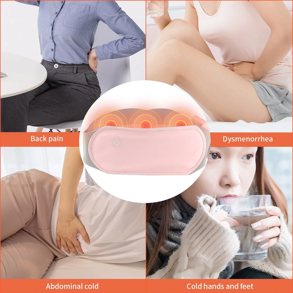 "Imagen publicitaria de MonteNova con cuatro tomas de una mujer sufriendo diferentes molestias mensuales. El cinturón masajeador térmico rosa se superpone en el centro, mostrando cómo el calor y los masajes alivian los cólicos y el dolor lumbar. Disponible en MonteNova Guadalajara."