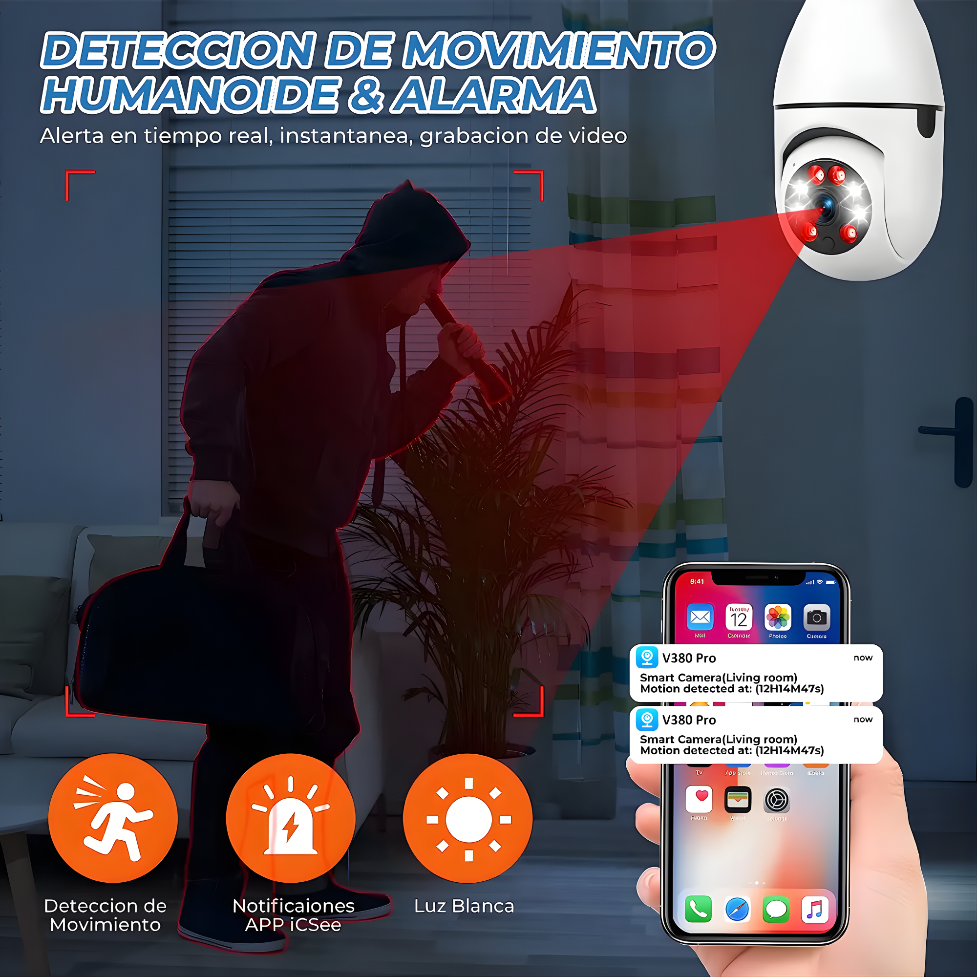 Cámara Foco de Seguridad WiFi 360° HD con Visión Nocturna